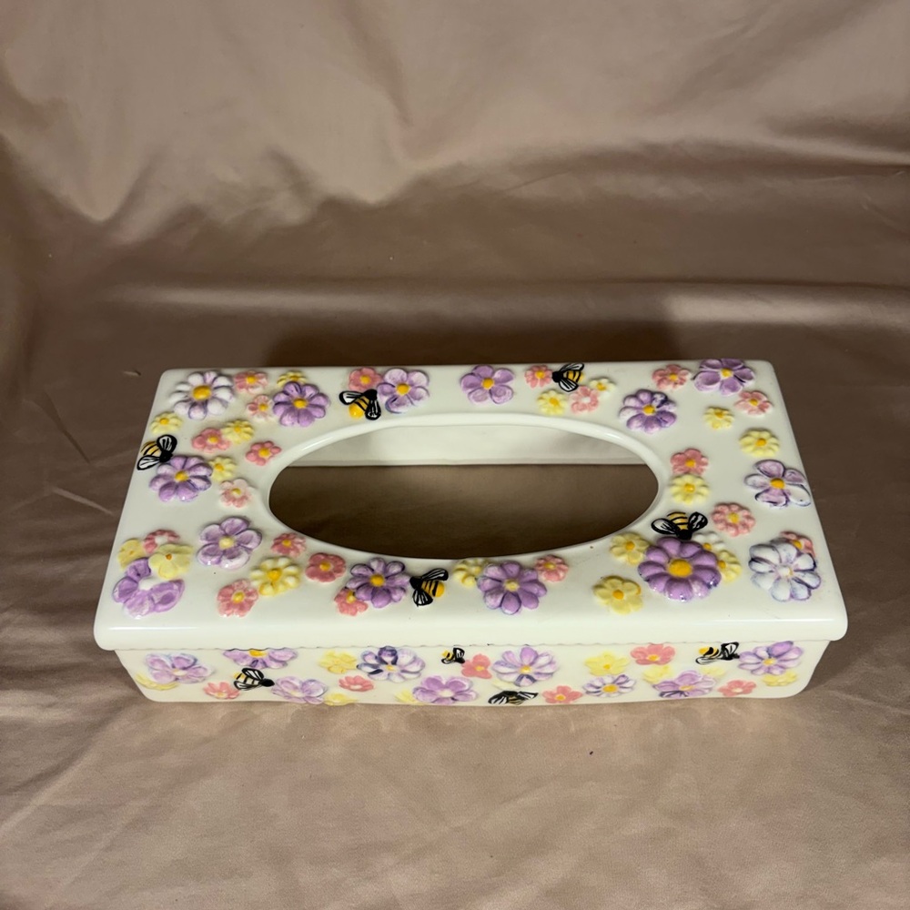 Hand made tissue box holder with flowers and bees made in 1979